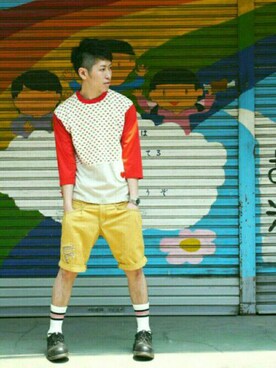 「NIRAME.CO（ニラメッコ）のアイテム（Tシャツ/カットソー）」を使った、つーじーさん（メンズ・170cm）の夏コーディネート