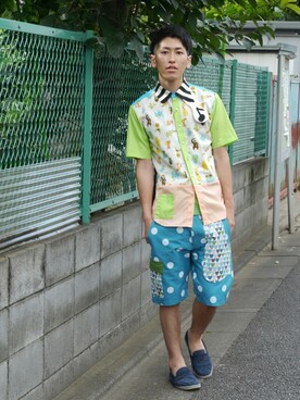 「NIRAME.CO（ニラメッコ）のアイテム（その他パンツ）」を使った、つーじーさん（メンズ・170cm）の夏コーディネート