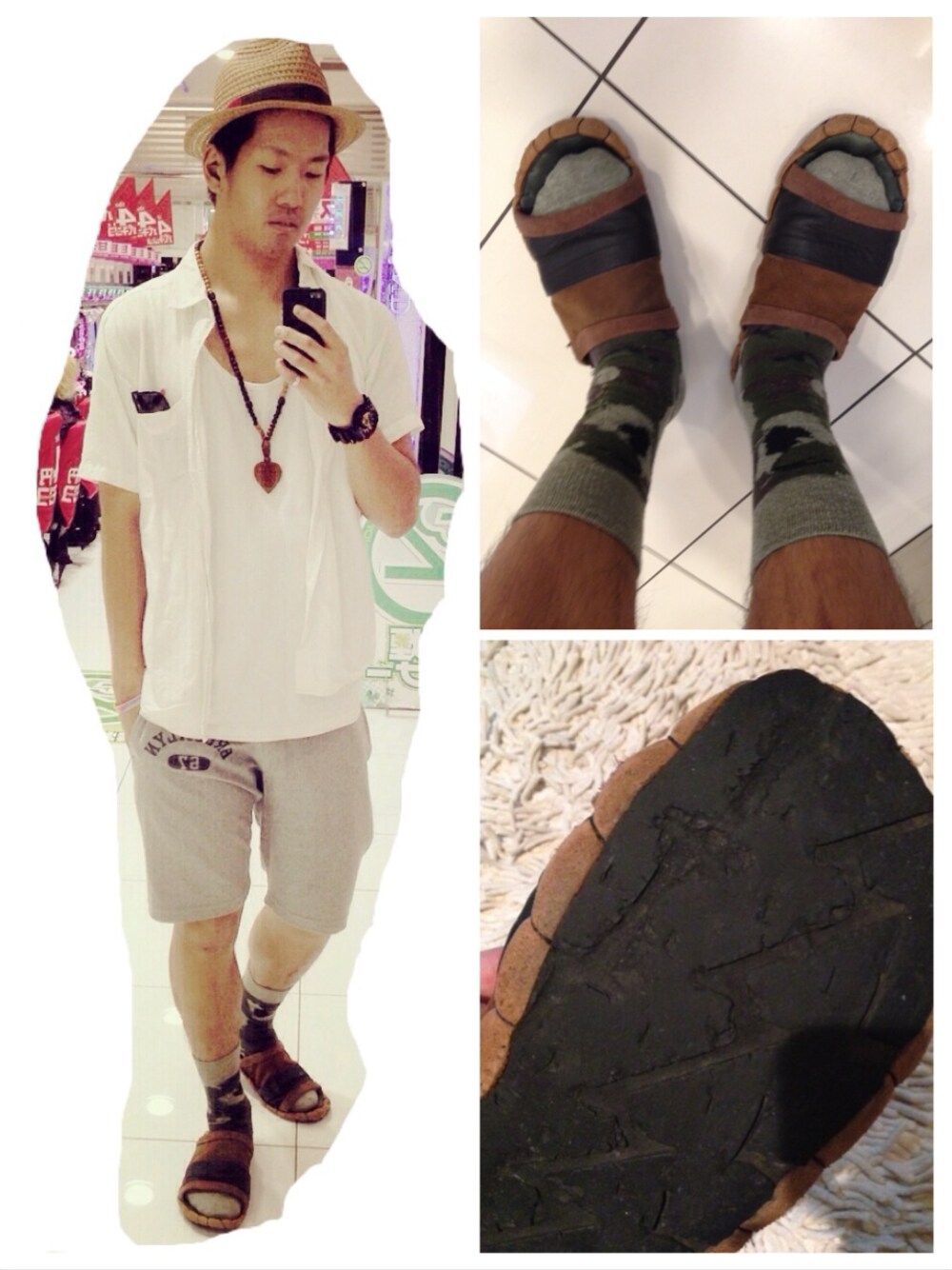 グレー系のその他パンツ、ブラウン系のサンダル、ベージュ系のハットを着用したメンズの夏コーディネートの1枚目の写真