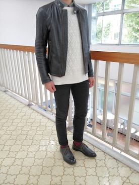 「ソックス」｜「アイテム（ライダースジャケット）」を使った、keiさん（メンズ・174cm）の冬コーディネート