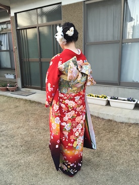 「アイテム（水着/着物・浴衣、レッド系）」を使った、ざくろー@_zkrooo_さん（レディース・163cm）の冬コーディネート