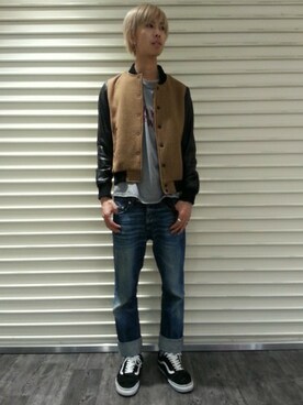 「L.H.P（エルエイチピー）のアイテム（スタジャン）」を使った、にしおさん（メンズ・180cm）の秋コーディネート