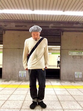 「H&M（エイチ・アンド・エム）のアイテム（ハンチング/ベレー帽）」を使った、歌右衛門さん（メンズ・169cm）の秋コーディネート