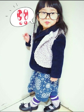 「アイテム（ベスト、パープル系）」を使った、みっちゃんさん（キッズ・90cm）の冬コーディネート