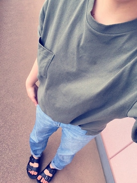 「UNIQLO（ユニクロ）のMEN ビッグシルエットポケ付きT（半袖）（Tシャツ/カットソー、ホワイト系）」を使った、kanaaaさん（レディース）の夏コーディネート