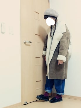 「ハイウエストパンツ」｜「アイテム（ムートンコート）」を使った、くまさん（レディース・155cm）の冬コーディネート