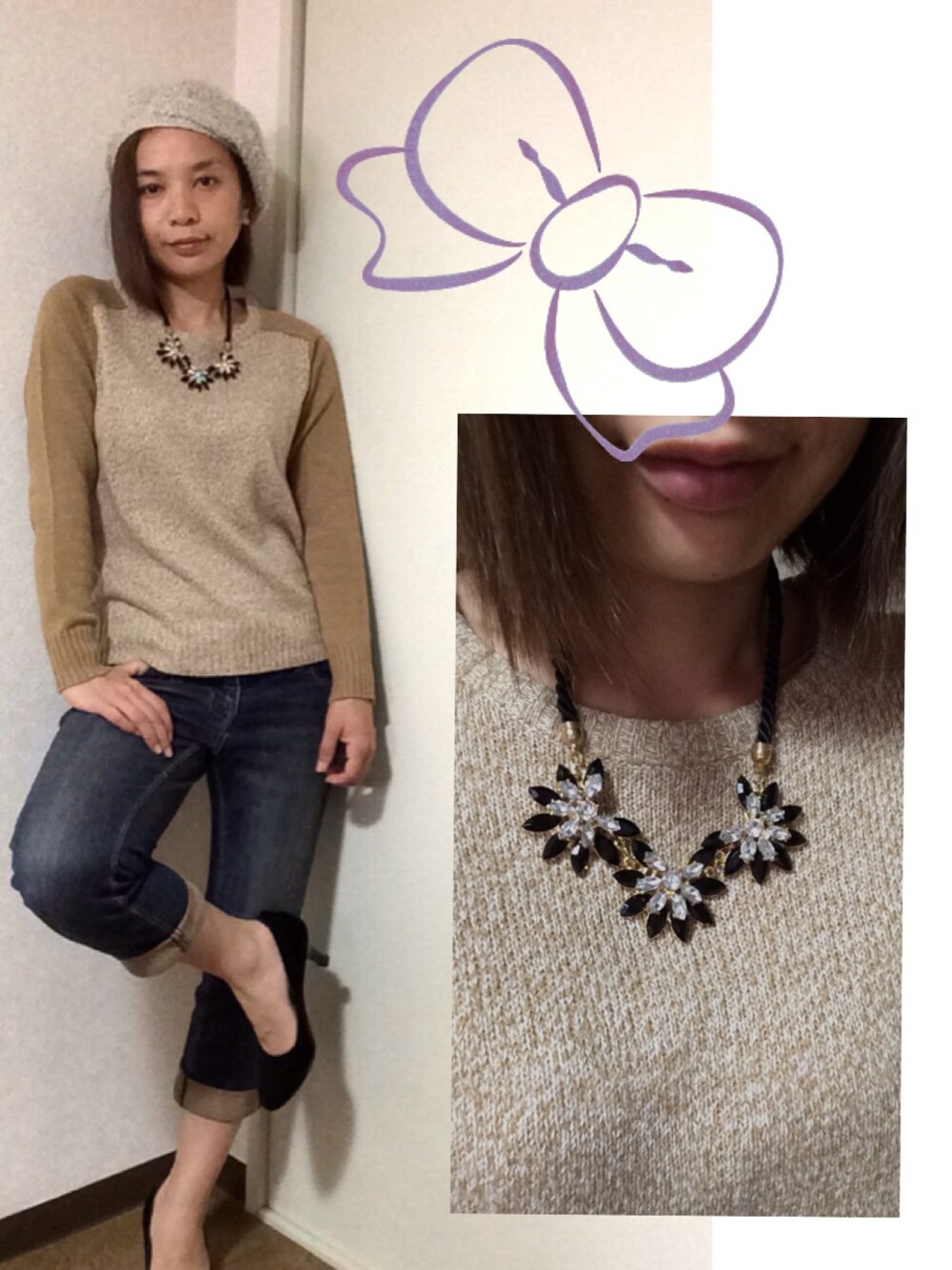 「散歩」｜「GUのアイテム（ニット/セーター、ブラウン系）」を使った、みなとさん（レディース・152cm）の秋コーディネートの1枚目の写真