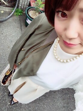 「オールホワイト」｜「アイテム（ライダースジャケット）」を使った、まぁ◡ູ̈♡さん（レディース・158cm）の春コーディネート