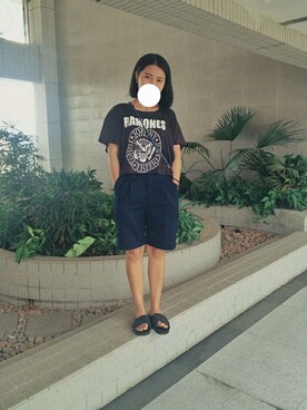 「H&M（エイチ・アンド・エム）のアイテム（Tシャツ/カットソー、ブラック系）」を使った、keibkさん（レディース・158cm）の夏コーディネート