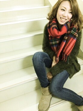 「Glen Prince（グレンプリンス）のGlen Prince/マフラー（マフラー、レッド系）」を使った、✂️meri✂️さん（レディース・156cm）の秋コーディネート