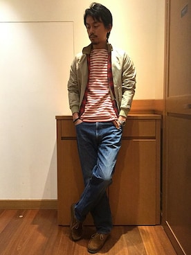 「バスクシャツ」｜「アイテム（ブルゾン）」を使った、飯沼さん（メンズ・178cm）の冬コーディネート