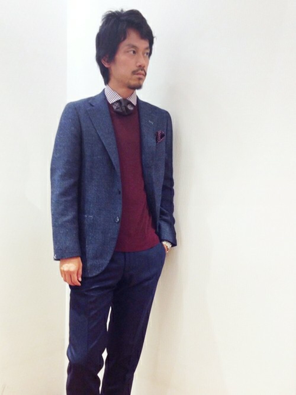 「ツイードジャケット、シップス、SHIPS、ワインレッド、ジャケパン、INCOTEX、インコテックス、ネイビージャケット、loropiana、ロロピアーナ」｜「SHIPSのSD: 『LOROPIANA社製生地』 ライトツイード ソリッド ジャケット（テーラードジャケット、ブルー系）」を使った、飯沼さん（メンズ・178cm）の夏コーディネートの1枚目の写真