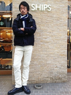 「アイテム（ブーツ、ブルー系）」を使った、飯沼さん（メンズ・178cm）の秋コーディネート