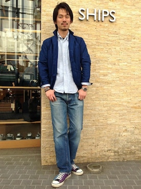 「オックスフォードシャツ」｜飯沼さん（メンズ・178cm）の春コーディネート