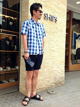 「アイテム（ハット、ブルー系）」を使った、飯沼さん（メンズ・178cm）の春コーディネート