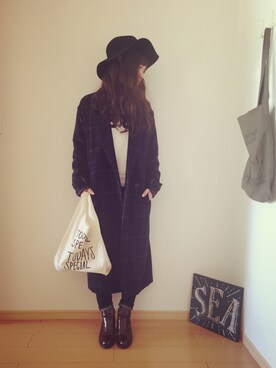 「hat」｜「アイテム（チェスターコート）」を使った、かーなさん（レディース・159cm）の冬コーディネート