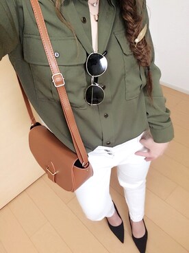 「GU（ジーユー）のアイテム（シャツ/ブラウス、グリーン系）」を使った、＊花子＊さん（レディース・154cm）の春コーディネート