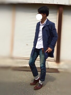 「3色コーデ」｜「アイテム（ステンカラーコート）」を使った、Mihaさん（メンズ・170cm）の春コーディネート
