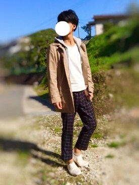 「ウィンドウペン」｜「アイテム（ステンカラーコート）」を使った、Mihaさん（メンズ・170cm）の春コーディネート