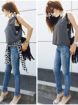 「アイテム（チューブトップ、ブルー系）」を使った、riiiii_yuparipaさん（レディース・152cm）の夏コーディネート