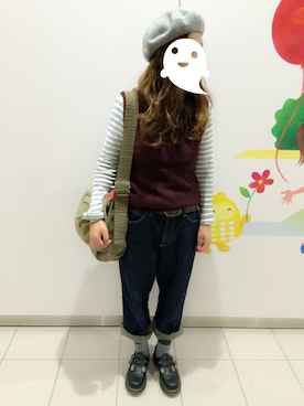 「アイテム（ベスト、レッド系）」を使った、neneさん（レディース・158cm）の秋コーディネート