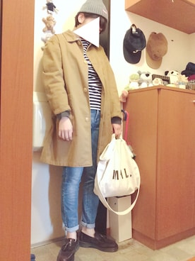 「FUDGE」｜「アイテム（ステンカラーコート）」を使った、sandyさん（レディース・162cm）の春コーディネート