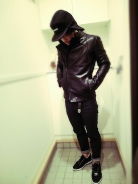 「wjk（ダヴルジェイケイ）のアイテム（ライダースジャケット）」を使った、KAME-GUYさん（メンズ・168cm）の冬コーディネート