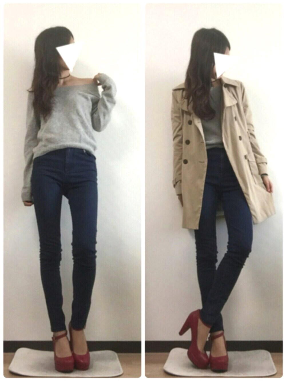 グレー系のニット/セーター、ベージュ系のトレンチコート、ブルー系のデニムパンツを着用したレディースの秋コーディネートの1枚目の写真