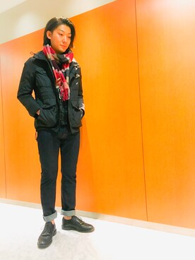 「チェックマフラー」｜「アイテム（ブルゾン）」を使った、HisayukiOguriさん（メンズ・178cm）の冬コーディネート