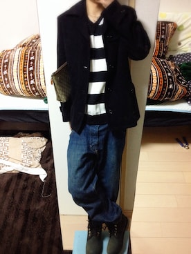 「ワークブーツ」｜「アイテム（ステンカラーコート）」を使った、norihiro さん（メンズ・170cm）の冬コーディネート