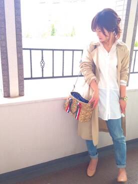 「niko and...（ニコアンド）のオリジナル ミニラインテープカゴバッグ【niko and...】（かごバッグ）」を使った、mieko.さん（レディース・153cm）の春コーディネート