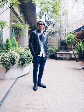 「VANQUISH」｜「アイテム（ライダースジャケット）」を使った、Tatsuhiro_Fujimatsuさん（メンズ・170cm）の秋コーディネート