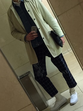 「417 by EDIFICE」｜「アイテム（ステンカラーコート）」を使った、隼人さん（メンズ・183cm）の春コーディネート