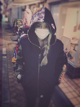 「Bape」｜「アイテム（ミリタリージャケット）」を使った、hayoolさん（レディース・158cm）の冬コーディネート