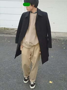 「TAKEO KIKUCHI（タケオキクチ）のアイテム（ステンカラーコート）」を使った、pekoさん（メンズ・174cm）の冬コーディネート