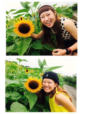 「ひまわり畑」｜「アイテム（ハンチング/ベレー帽）」を使った、noiriさん（レディース・161cm）の夏コーディネート