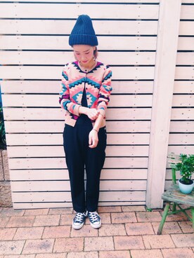 「Ray BEAMS（レイビームス）のRay BEAMS / エスニック ジャカードカーディガン（カーディガン/ボレロ）」を使った、山門 美紗希さん（レディース・162cm）の秋コーディネート