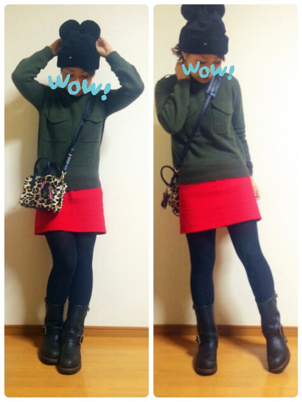 グリーン系のニット/セーター、その他のショルダーバッグ、ブラック系のニットキャップ/ビーニーを着用したレディースの冬コーディネートの1枚目の写真