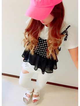 「POLO RALPH LAUREN（ポロ ラルフ ローレン）のアイテム（キャップ、ピンク系）」を使った、manamiさん（レディース・150cm）の夏コーディネート
