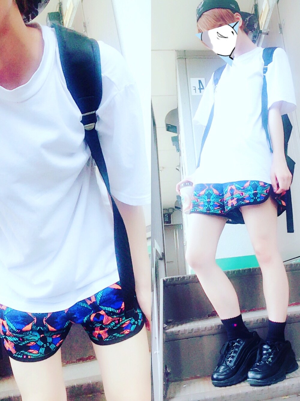 「シンプルコーデ、メンズ、summer、白、ショートパンツ、個性、メンズライク、夏、柄、原宿」｜「DHOLICのアイテム（Tシャツ/カットソー、ホワイト系）」を使った、おりこさん（レディース・155cm）の夏コーディネートの1枚目の写真