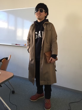 「黒タートルネック」｜「アイテム（ステンカラーコート）」を使った、ふくさん（メンズ・163cm）の冬コーディネート