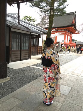 「岡本のアイテム（浴衣、イエロー系）」を使った、Lynnさん（レディース・155cm）の春コーディネート