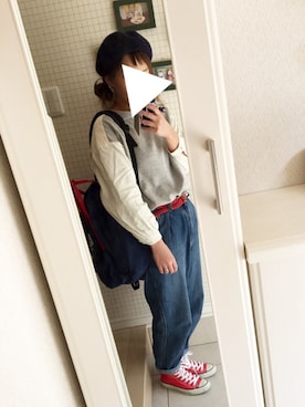 「マムジーンズ」｜「アイテム（ハンチング/ベレー帽）」を使った、おもちさん（レディース・156cm）の冬コーディネート