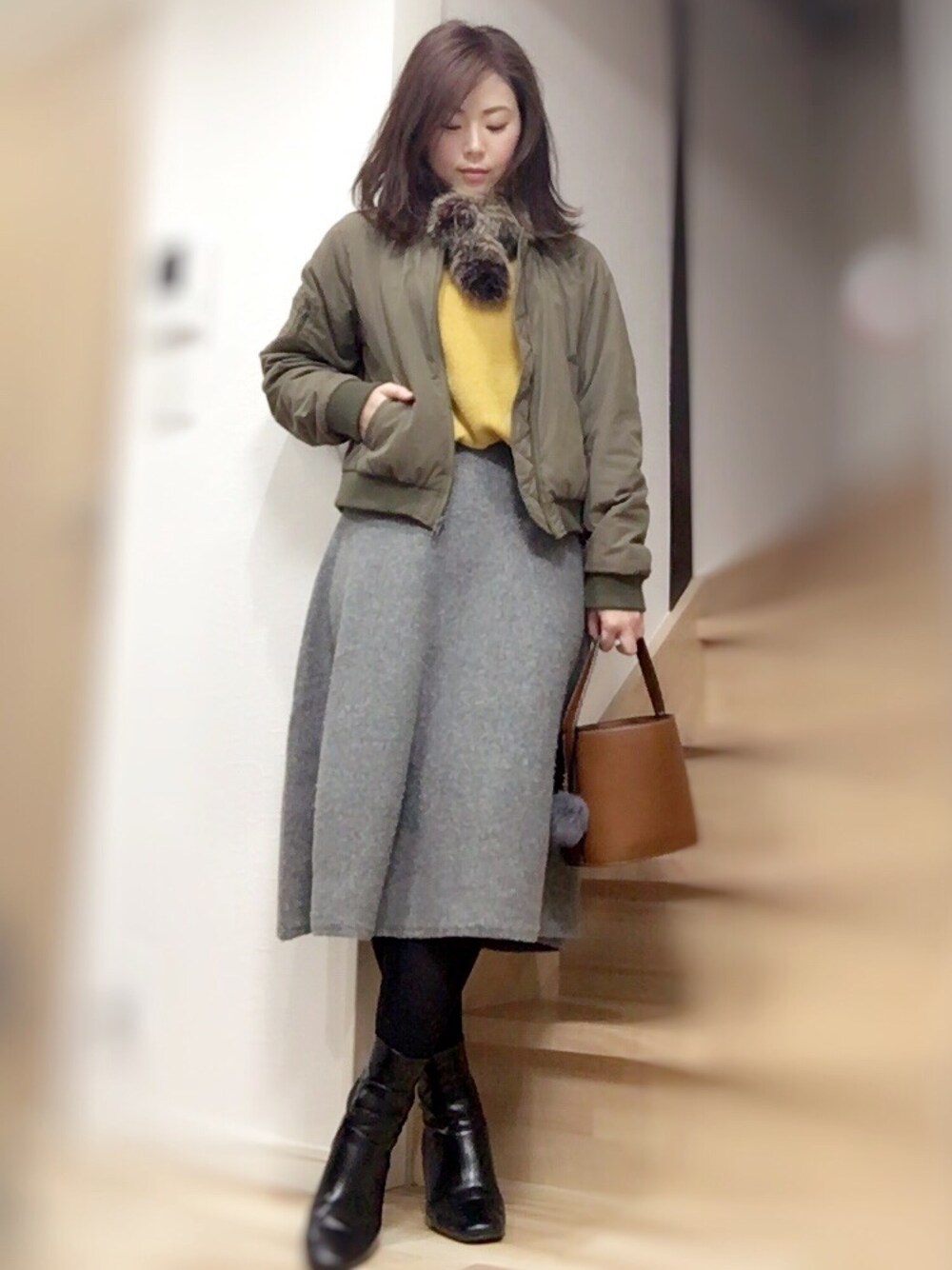 「冬、ママコーデ、オトナカジュアル、きれいめカジュアル、UNIQLO、しまむら、冬コーデ」｜「しまむらのアイテム（ブルゾン、グリーン系）」を使った、とんちゃん。さん（レディース・162cm）の秋コーディネートの1枚目の写真
