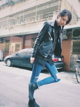 「PULL&BEAR（プルアンドベア）のアイテム（ライダースジャケット）」を使った、大洋さん（レディース・175cm）の冬コーディネート
