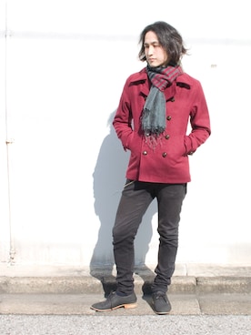 「ワインレッド」｜「アイテム（ピーコート）」を使った、Hanjiroさん（メンズ・175cm）の冬コーディネート