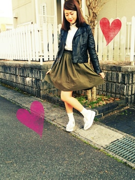 「ソックス」｜「アイテム（ライダースジャケット）」を使った、あーにゃん。さん（レディース・156cm）の春コーディネート