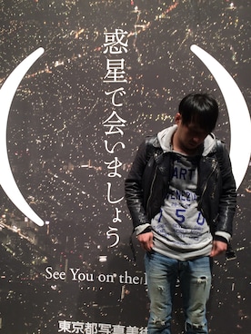 「beautiful people（ビューティフルピープル）のアイテム（ライダースジャケット、ブルー系）」を使った、U10さん（メンズ・176cm）の春コーディネート