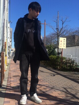 「MEN'S MELROSE（メンズメルローズ）のアイテム（チェスターコート、ブルー系）」を使った、U10さん（メンズ・176cm）の春コーディネート