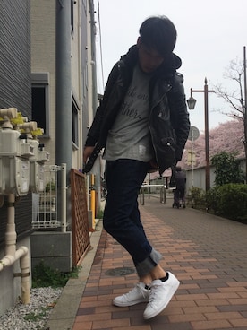 「Tシャツ×デニム」｜「アイテム（ライダースジャケット）」を使った、U10さん（メンズ・176cm）の春コーディネート